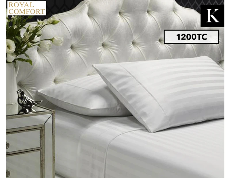 Royal Comfort 1200TC Damask Stripe King Bed Sheet Set - White