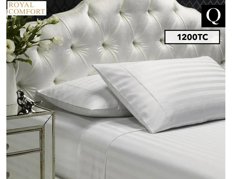 Royal Comfort 1200TC Damask Stripe Queen Bed Sheet Set - White
