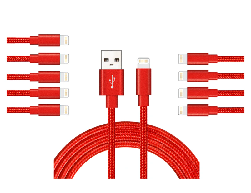 Catzon 1M 2M 3M 10Packs iPhone Charger Nylon Braided Phone Cable Fast Charger Cable USB Cord -Red