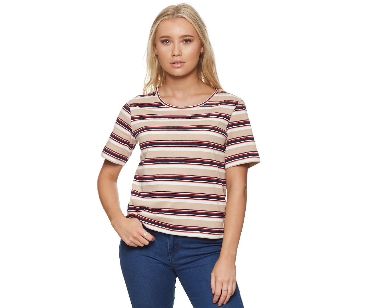 MINKPINK Women's Multi Stripe Tee / T-Shirt / Tshirt - Natural Stripe ...