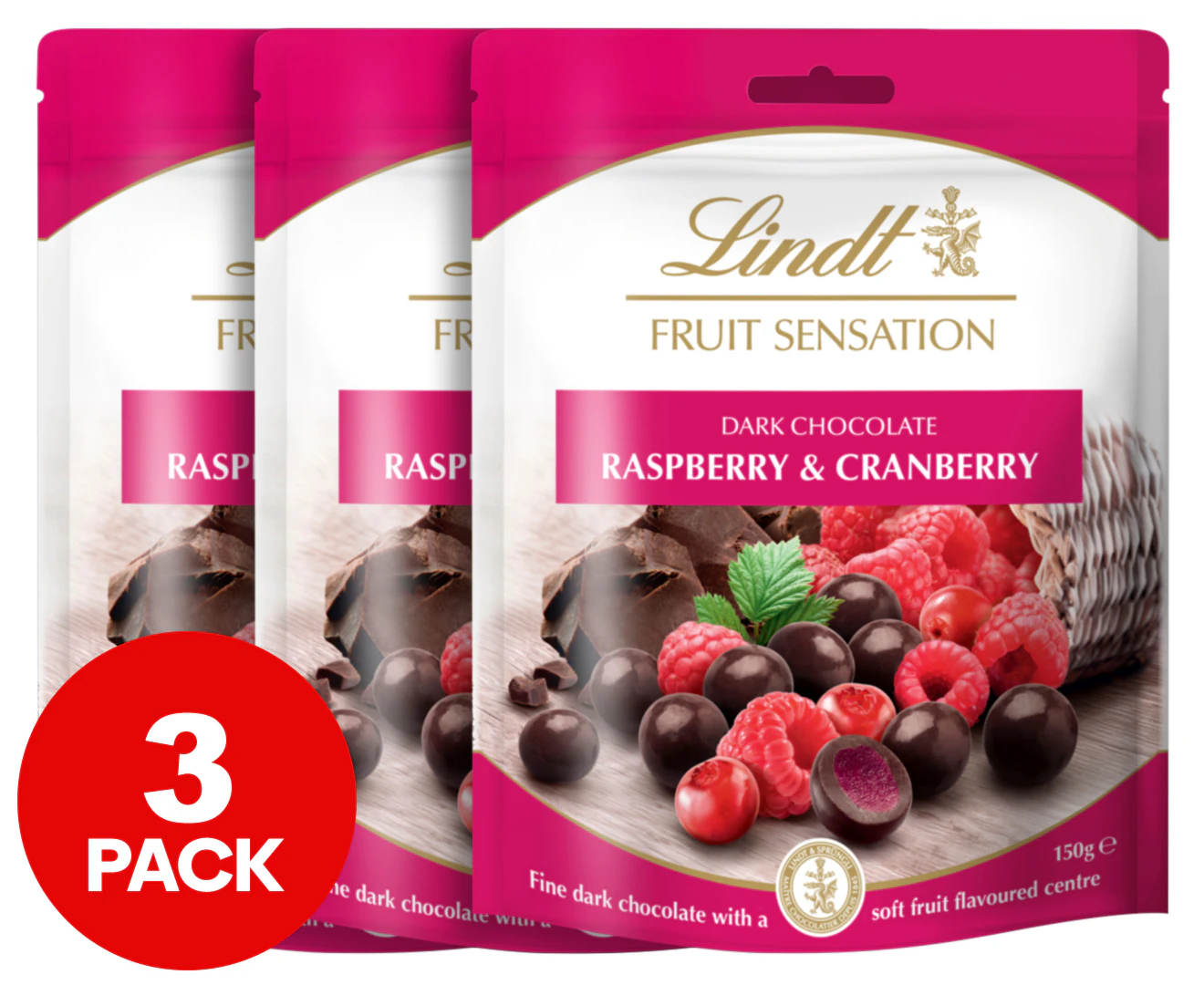 3 x Lindt Fruit Sensation Raspberry & Cranberry Dark Chocolate 150g