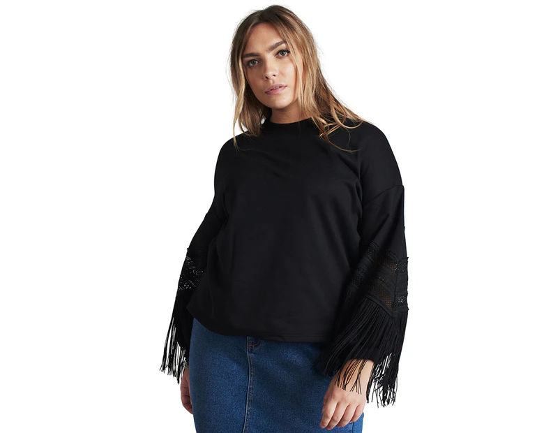 Lost Ink Women's Plus Size Sweater w/ Fringe - Black