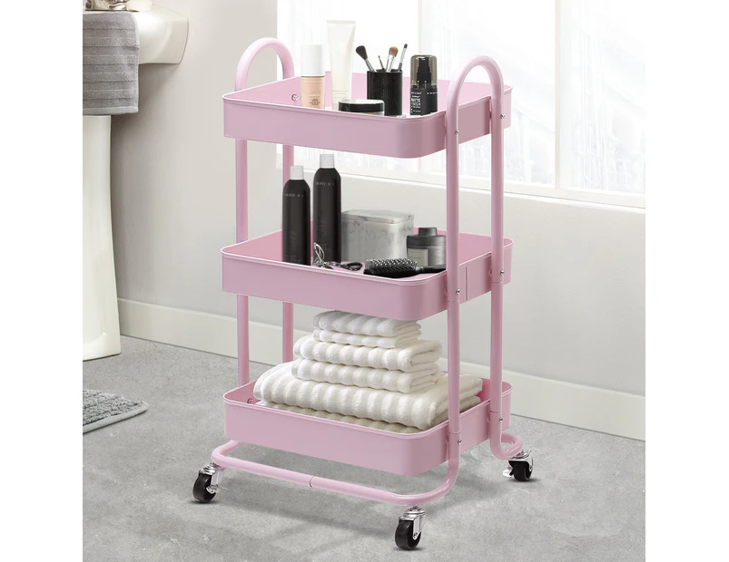 Artiss Storage Shelf Rack 3 Tier Rolling Trolley Cart Kitchen Pantry Portable Tool Makeup Storage Shelves Office Home Organiser Black Screw Drawer Pink