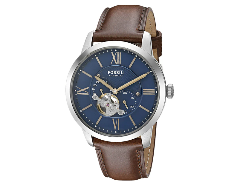 Fossil Men's 44mm Townsman Mechanical Automatic Leather Watch - Brown/Silver/Blue  ME3110
