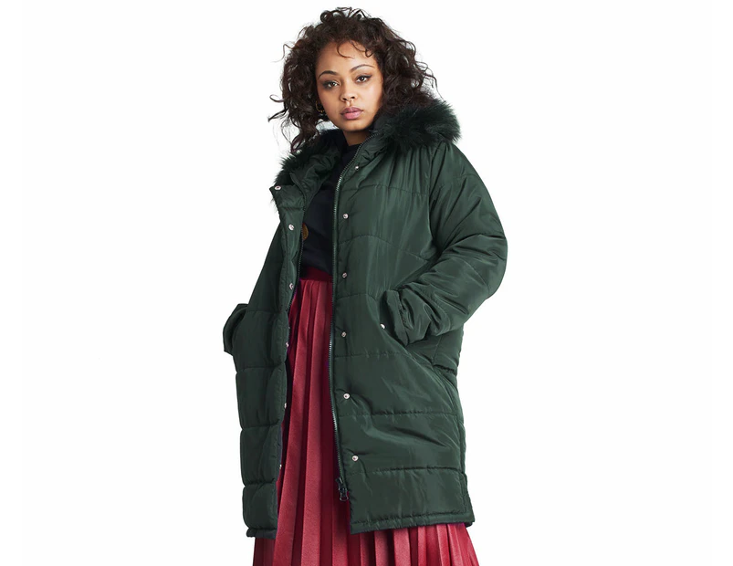 Lost Ink Women's Plus Size Padded Coat w/ Faux Fur Hood - Green
