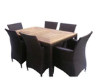 Sahara 6 Seater Teak Top And Wicker Dining Table And Chairs Patio Setting - Outdoor Wicker Dining Settings - Charcoal Wicker with Denim