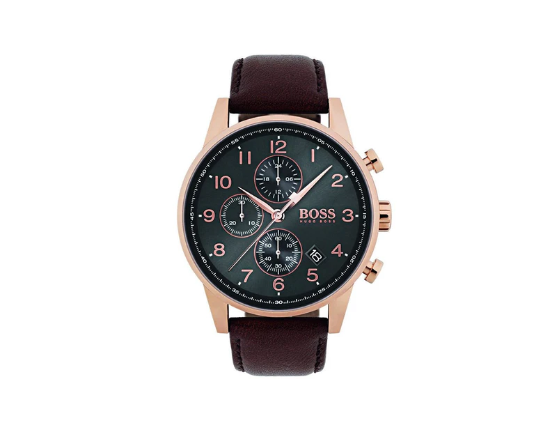 Hugo Boss Men's 44Mm Brown Leather Band Steel Case Quartz Analog Watch 1513496