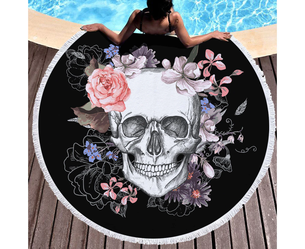 Skulls&Flowers on Multipurpose Quick Dry Sand Proof Round Beach Towel 40005-1