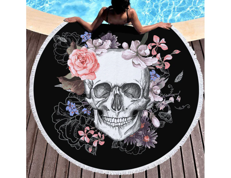 Skulls&Flowers on Multipurpose Quick Dry Sand Proof Round Beach Towel 40005-1