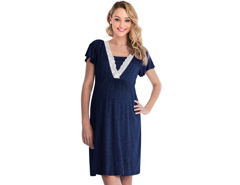 Dresswel Women's Short Sleeve Lace Stitching Multi-Functional Breastfeeding Dress-Navy - Navy