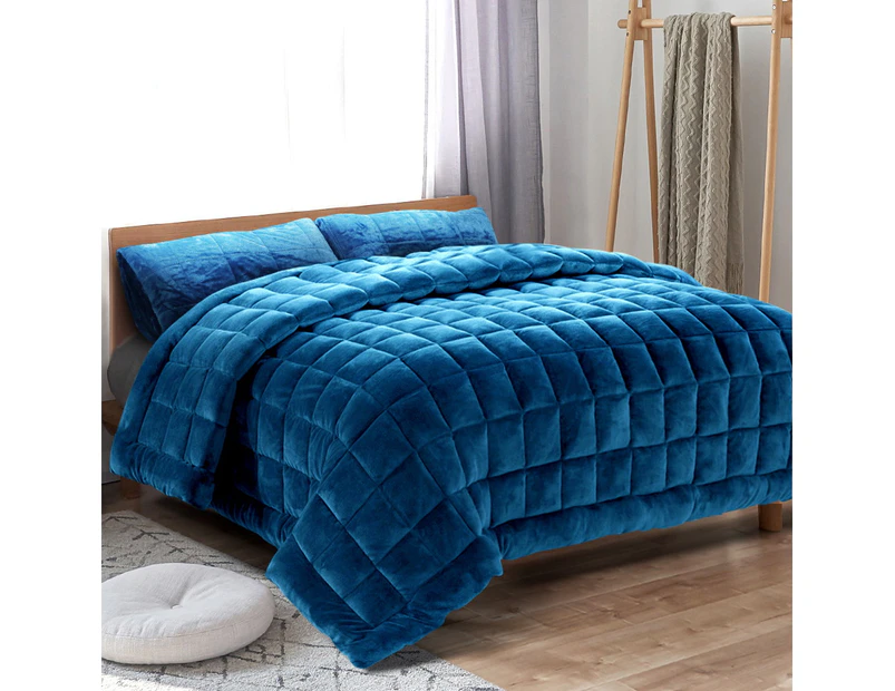 Faux Mink Quilt Single Size 500GSM Double-Sided Fleece Comforter Throw Blanket Soft Cover w/ Pillowcase Couch Bed Home Navy