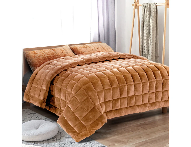 Giselle Bedding Faux Mink Quilt Super King Size 500GSM Double-Sided Fleece Comforter Throw Blanket Soft Cover w/ 2x Pillowcase Couch Bed Home Latte