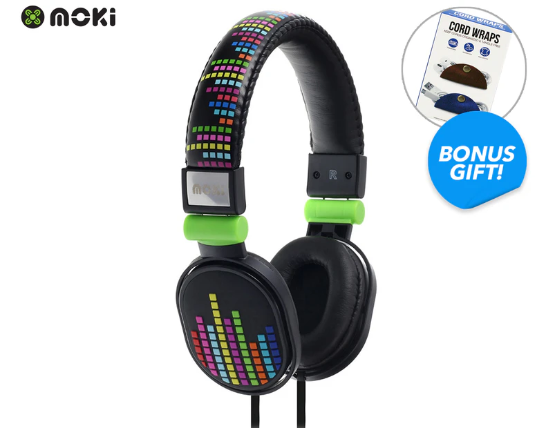 Moki Kids' Poppers Headphones - Levels + Bonus Cable Organiser Wrap 2-Pack