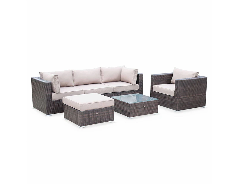 CALIGARI 5 Seater Outdoor Lounge Set Brown Wicker/Brown Cushions Aluminium Frame