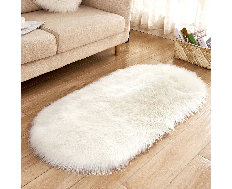 Oval-Shaped Artificial Wool Fur Soft Plush Rug Carpet -White