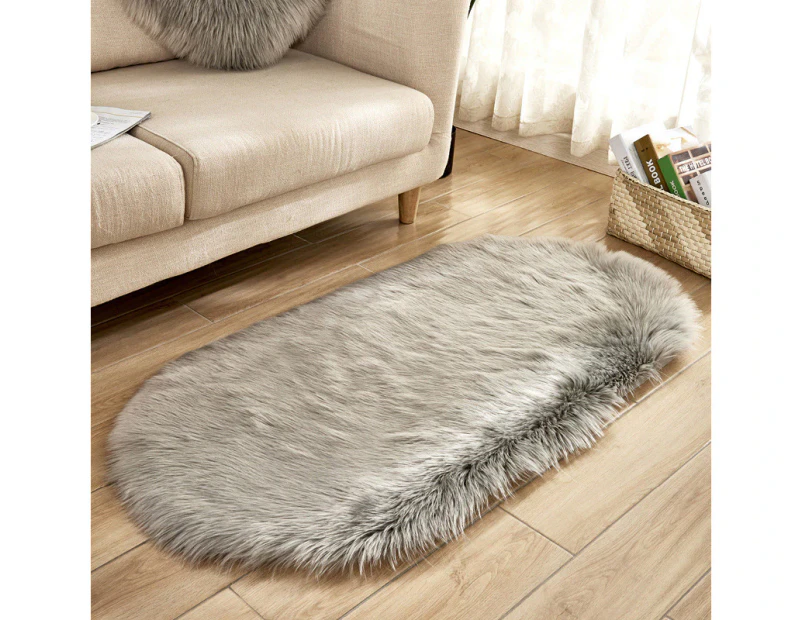 Oval-Shaped Artificial Wool Fur Soft Plush Rug Carpet -Grey