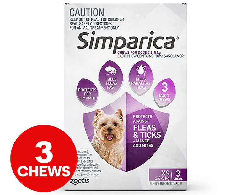 3pk Simparica Flea & Tick Chews For Extra Small Dogs 2.6-5kg