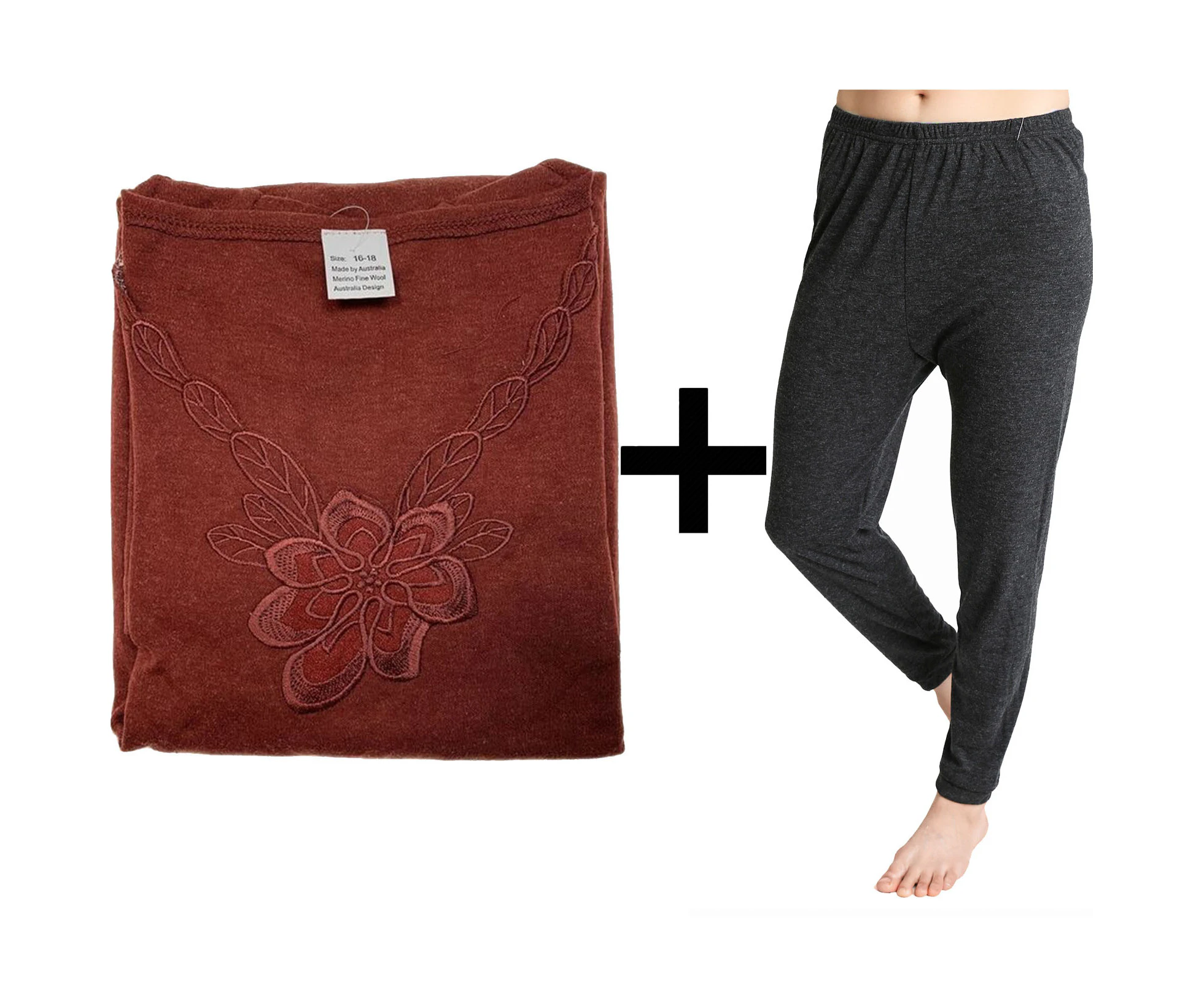 2pcs Set Women's Merino Wool Blend Pants & Top Underwear Leggings Thermal Thermals - Burgundy Top & Black Pants