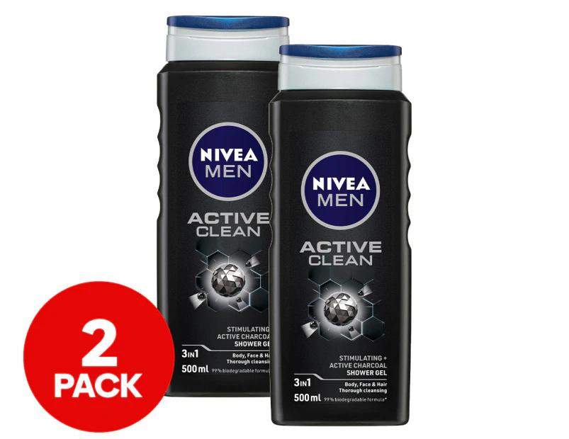 2 x Nivea Men Active Clean Shower Gel Active Charcoal 500mL