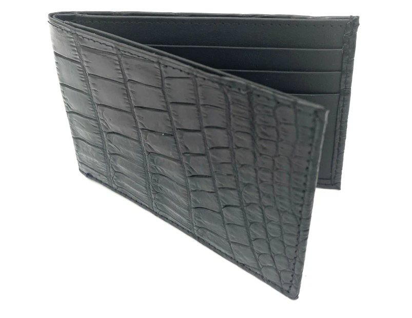 Mens Slim Genuine Skin Crocodile Leather Wallet Bi Fold Gift - Black