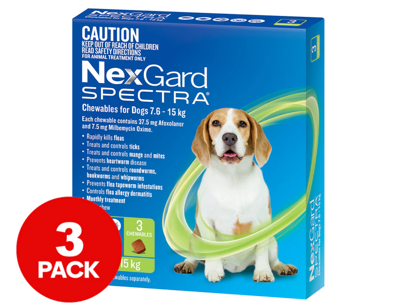 3pk NexGard Spectra Tick, Flea & Heartworm Treatment Chews For Medium Dogs 7.6-15kg