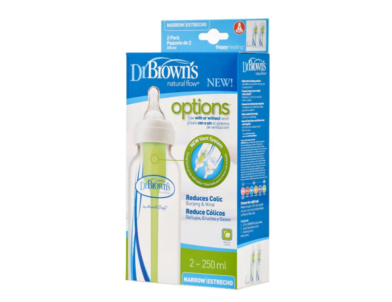 Dr Brown's 250ml Anti Colic Narrow Neck Options Baby Bottle Twin Pack