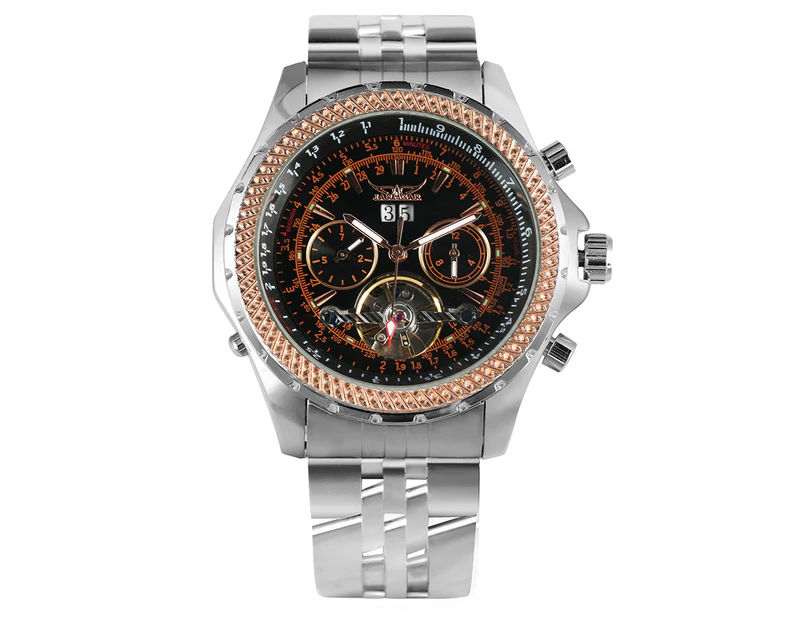 Luxury JARAGAR Automatic Mechanical Watch Black Dial with Calendar Watches Fashion Men's Wristwatch-Silver