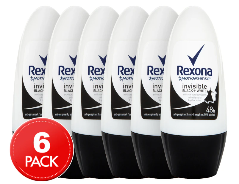 6 x Rexona Invisible Dry Black + White Antiperspirant Deodorant Roll-On 50mL