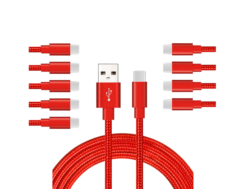 Catzon 1M 2M 3M 10Packs USB Type C Cable Nylon Braided Phone Cable Fast Charger Cable USB Cord -Red