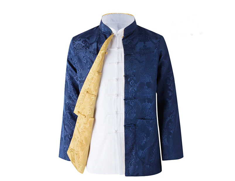 Catzon Men's Auspicious Reversible Chinese Shirt-Navy Blue/Yellow