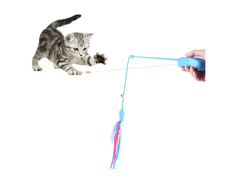Docamor Cat Interactive Feather Teaser Wand Toy with Light Pointer Bell for Cat-Butterfly Blue