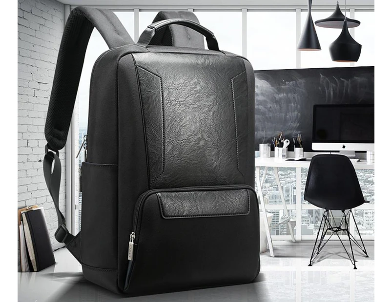 Bopai Luxury Style Leather & Microfibre Anti-Theft Business and Travel with USB Charging Backpack B7101 Black 15.6" Laptop