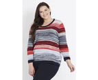 Beme Long Sleeve Red Texture Stripe Jumper   - Womens Plus Size Curvy - RED/NAVY STRIPE