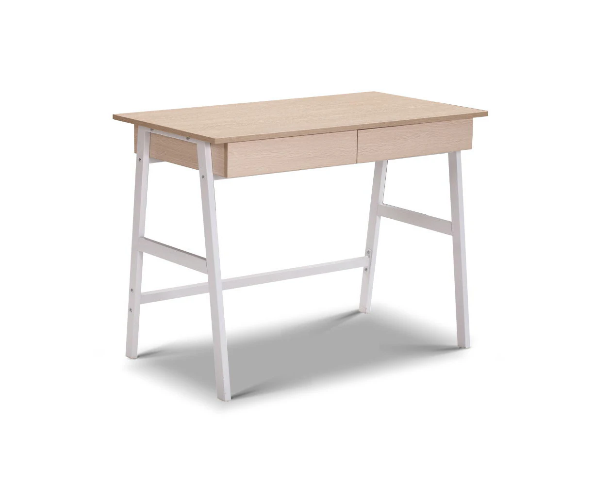 Artiss Metal Desk with Drawer - White with Oak Top