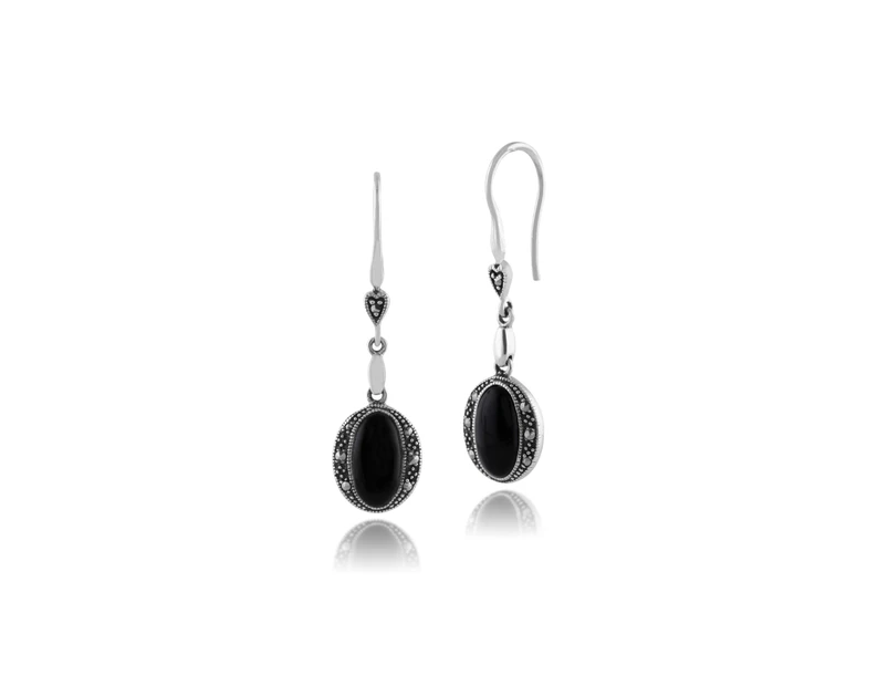 Art Deco Style Oval Black Onyx & Marcasite Drop Earrings in 925 Sterling Silver
