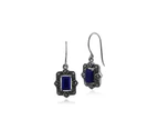 Art Deco Style Octagon Lapis Lazuli & Marcasite Drop Earrings in 925 Sterling Silver