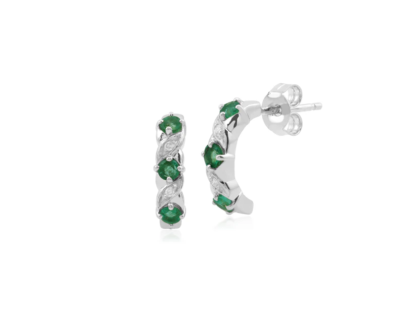 Classic Round Emerald & Diamond Half Hoop Earrings in 9ct White Gold