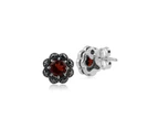 Floral Round Garnet & Marcasite Cluster Stud Earrings in 925 Sterling Silver