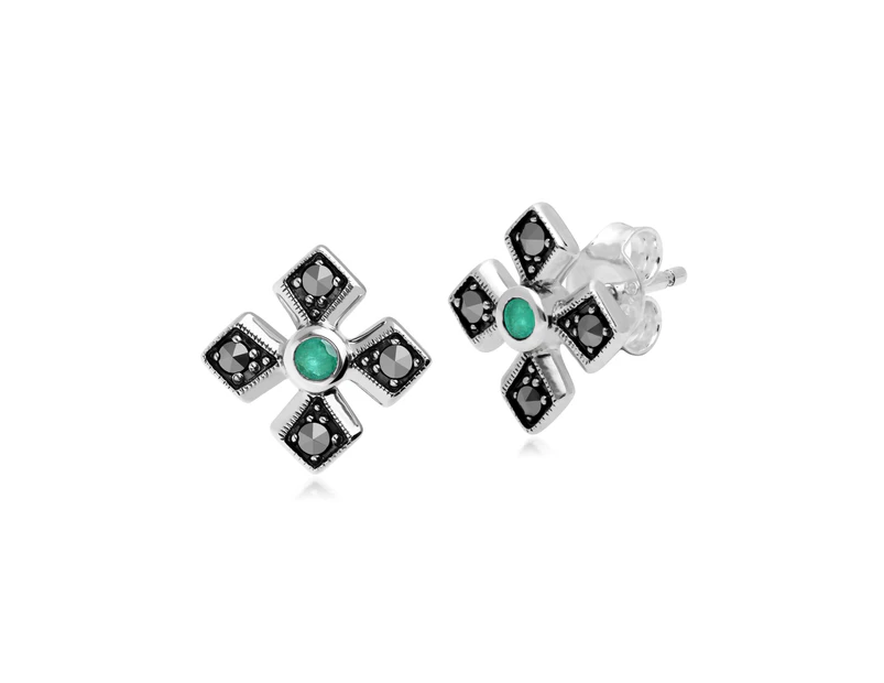 Art Deco Style Round Emerald & Marcasite Gothic Style Cross Studs in 925 Sterling Silver