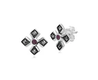 Art Deco Style Round Ruby & Marcasite Gothic Style Cross Studs in 925 Sterling Silver