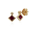 Geometric Square Ruby & Diamond Stud Earrings in 9ct Yellow Gold