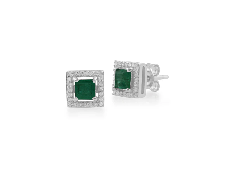 Gemondo 9ct White Gold 0.54ct Emerald & Diamond Square Stud Earrings