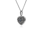 Art Nouveau Style Round Tanzanite & Marcasite Heart Necklace in 925 Sterling Silver