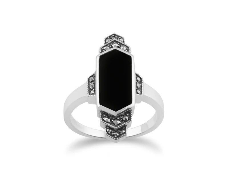 Art Deco Style Hexagon Black Onyx & Marcasite Bar Ring in 925 Sterling Silver