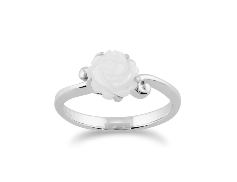 Floral Carved Mother of Pearl Rose Ring in 925 Sterling Silver