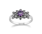 Art Nouveau Style Round Amethyst & Marcasite Floral Ring in 925 Sterling Silver
