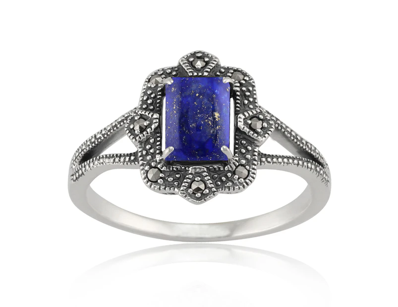 Art Deco Style Baguette Lapis Lazuli & Marcasite Ring in 925 Sterling Silver