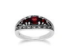 Art Deco Style Oval Garnet & Marcasite Three Stone Ring in 925 Sterling Silver
