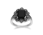 Art Deco Style Baguette Black Onyx & Marcasite Ring in 925 Sterling Silver