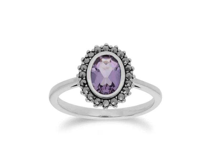 Art Deco Style Oval Amethyst & Marcasite Halo Ring in 925 Sterling Silver
